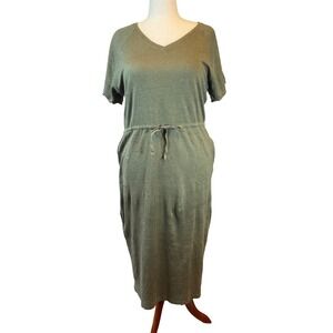 Linen Dress Olive Green 100% Linen Knit V-Neck Midi Dress Size M/L Pockets